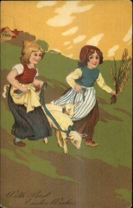 Easter - Girls in Field w/ Eggs & Lambs PFB c1910 Postcard