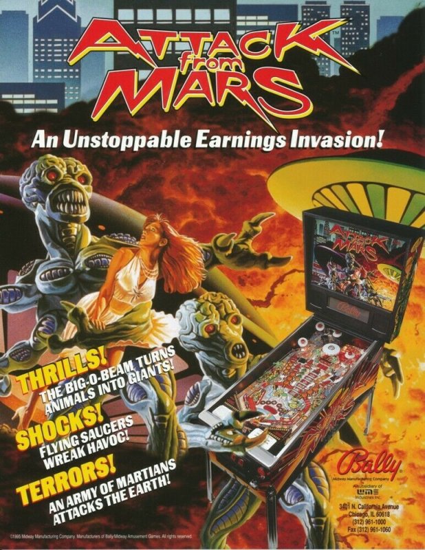 Attack From Mars Pinball Flyer 1995 Original NOS Aliens Martians Space Age Art