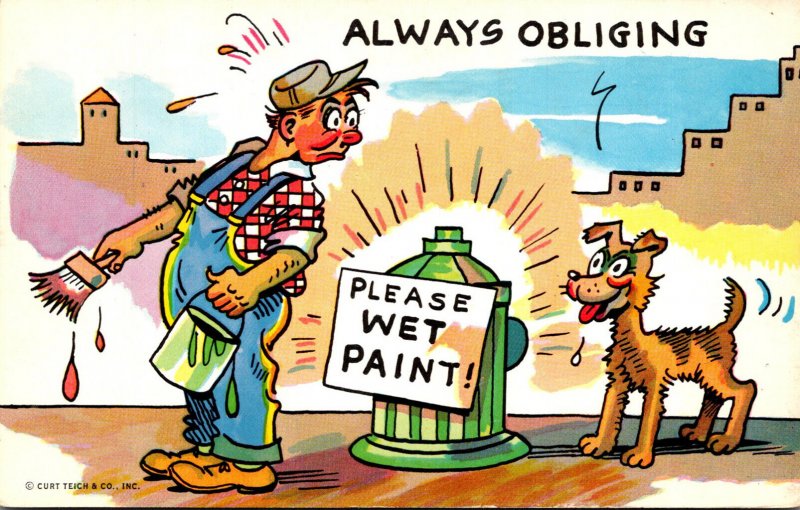 Humour Man Painting Fire Hydrant Please Wet Paint Dog Always Obliging