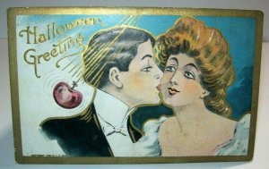 Vintage Halloween Postcard Kissing Couple Embossed Antique Original Gold Border