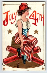 4th Of July Independence Day Postcard Lady Sits On Giant Fireworks Wolf Unposted