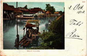 PC CPA SINGAPORE, MALAY VILLAGE WITH NATIVE CHILDREN, VINTAGE POSTCARD (b4286)