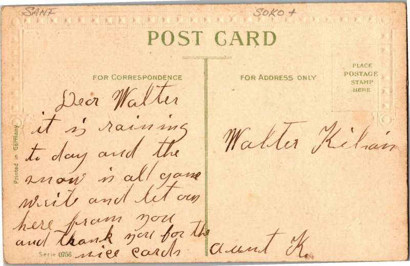 Maid Leading Turkey on Ribbons Dinner Thanksgiving Greetings Vtg Postcard U03