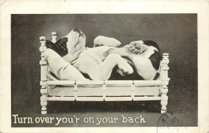 c1910 Dog Postcard; Puppy in Tiny Bed, Snoring? Turn over, You're on your Back