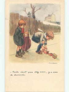 foreign Old Postcard signed FRENCH BOY PLAYING WITH TOY TRAIN AC2812