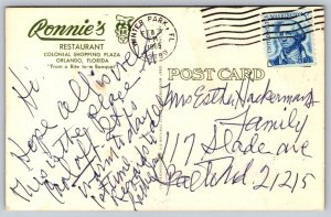 Ronnie's Restaurant  Orlando  Florida 1969  Postcard