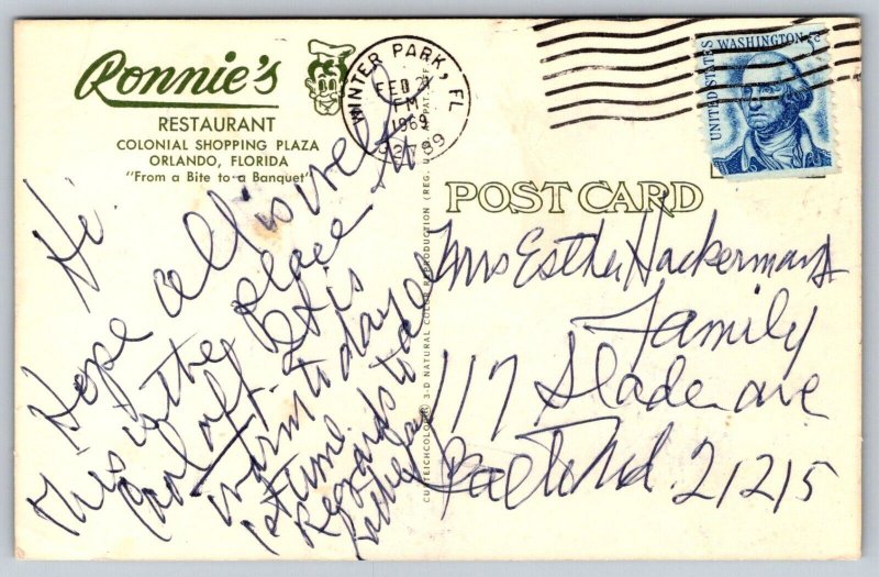 Ronnie's Restaurant  Orlando  Florida 1969  Postcard