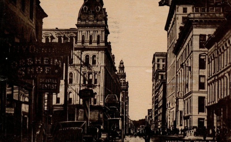 c. 1910 Downtown Madison Ave Drestill Dentist Cars Signs Toledo, OH Postcard P15 