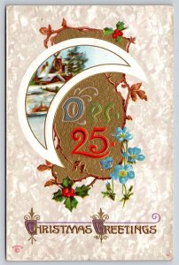 Christmas~Windmill Inset In Crescent~Dec 25~Gold~P Sander~c1910 Vintage Postcard