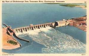 Vintage Postcard 1930's Air View Chickamauga Dam Tennessee River Tennessee TN