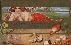 T. Bieletto Easter Beautiful Woman and Chicks Farmyard c1910 Vintage Postcard