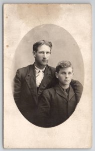 RPPC Two Handsome Young Men Brothers Oval Masked Photo c1910 Postcard B38