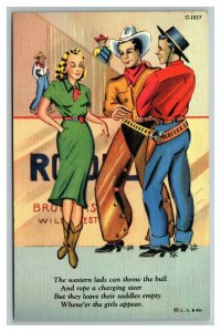 Vintage 1941 Comic Postcard Cowboys at the Rodeo Talking with a Beautiful Girl