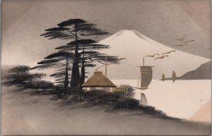 Postcard Handpainted Japan Mountain and Trees and Ships #2