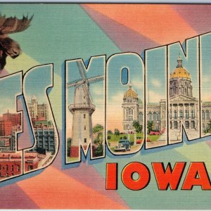 c1940s Des Moines IA Greetings From Large Letter Moose Capitol Linen Pastel A234
