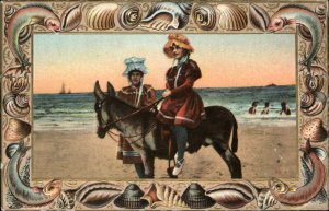 Bathing Beauty Women Beach Donkey Seashell Fish Border c1910 Postcard