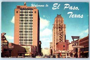 El Paso Texas TX Postcard Street Looking West Natural Gas Co. Basset Tower c1960