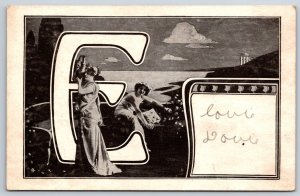 Large Alphabet Letter E~Women E Near Coastal Area~PM 1909~Vintage Postcard