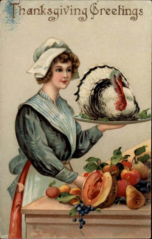 Thanksgiving Pilgrim Woman with Live Turkey on Platter Gel Vintage Postcard