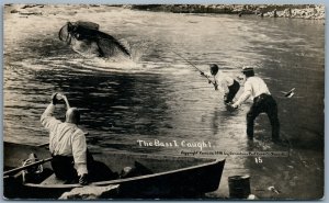 FISHING BASS I CAUGHT CANADA ANTIQUE EXAGGERATED REAL PHOTO POSTCARD RPPC