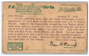 1933 FC Taylor Fur Co. St. Louis Missouri MO Keyser WV Advertising Postal Card