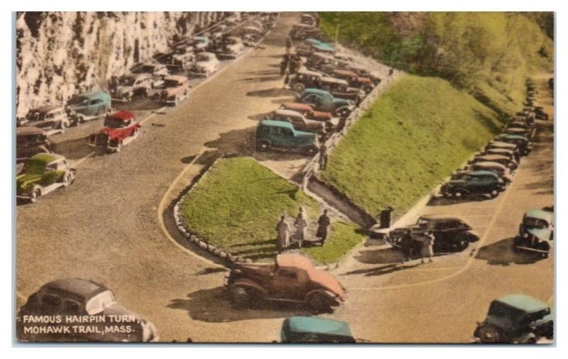 1941 Hairpin Turn, Mohawk Trail, MA Hand-Colored Postcard