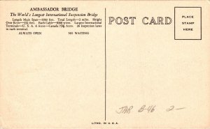 Sandwich Ontario Ambassador Bridge Detroit Michigan Postcard UNP VTG Unused 