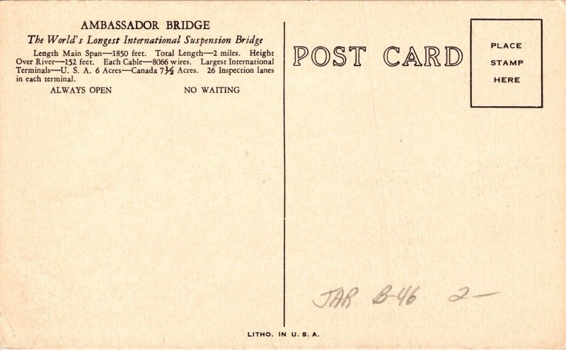 Sandwich Ontario Ambassador Bridge Detroit Michigan Postcard UNP VTG Unused 