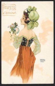 Fancy Dressed Lady Green Hat Off Shoulders Dress & Flowers Unused c1905 Kirchner