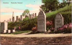 Hand Colored Postcard Cemetery Calvin Coolidge Gravestone Plymouth, Vermont