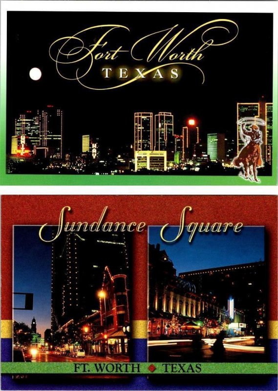 2~4X6 Postcards  Fort Worth, TX Texas  SKYLINE & SUNDANCE SQUARE STREET SCENES