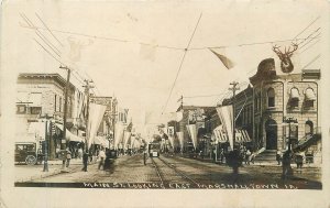 Postcard RPPC Iowa Marshalltown Main Street Trolley Railroad 23-1864