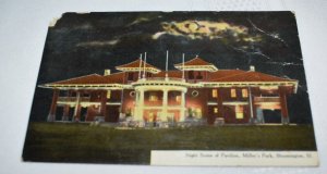 Night Scene of Pavilion Miller's Park Bloomington Illinois Postcard Read & Write