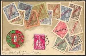 PORTUGAL Stamps on Postcard Embossed Shield Used c1913