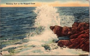 Booming Surf Against Rugged Coast Line Scenic View Blue Waters Postcard c1944 PM 