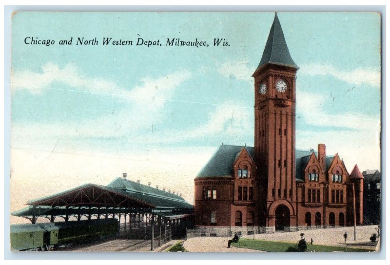 1917 Chicago & North Western Depot Train Station Milwaukee Wisconsin WI Postcard
