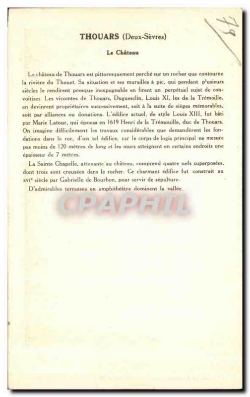 Old Postcard Thouars Chateau