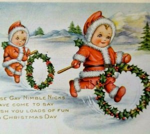 Christmas Postcard Children Rolling Xmas Wreaths Santa Claus Suits Whitney 1918