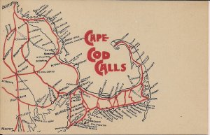 Cape Cod MA, 1920's Detailed Map with Highways & Towns, Cape Cod Calls