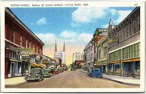 Postcard AR Little RockCenter Street North of Sixth Street - Coke sign cars