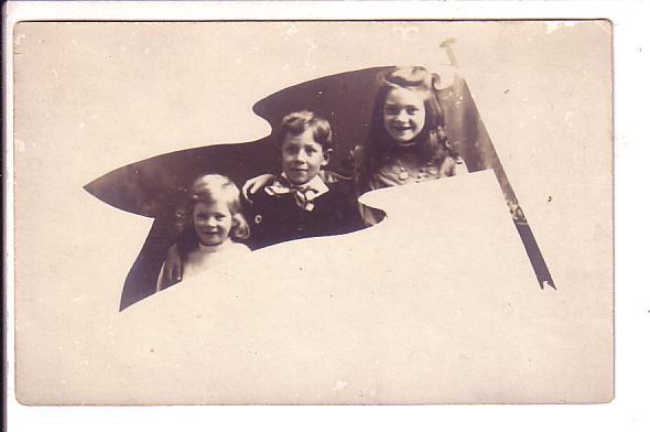 Real Photo, Family of Young Girls and Boy in Flag, Siblings