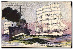 Old Postcard Fantasy Illustrator Haffner War Boat Convoy of tall ships escort...