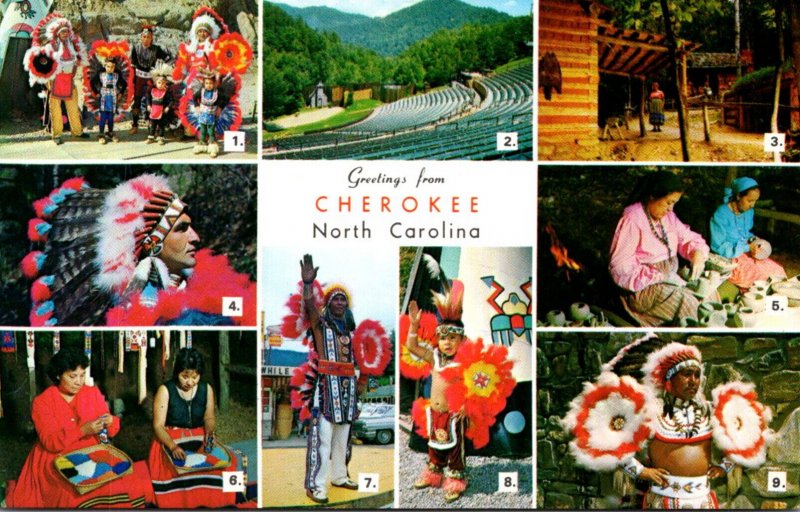 North Carolina Greetings From Cherokee Multi View With Indians