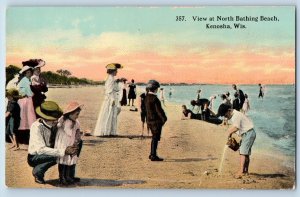 c1910's View At North Bathing Beach Shore Kids Family Kenosha Wisconsin Postcard