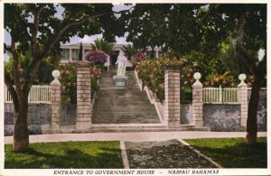 bahamas, NASSAU, Entrance to Government House, Statue (1930s) Postcard