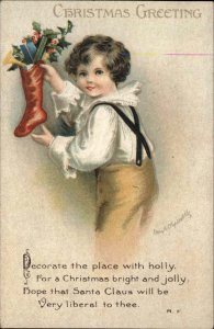 CLAPSADDLE CHRISTMAS Little Boy w Stocking INT'L ART Antique Postcard