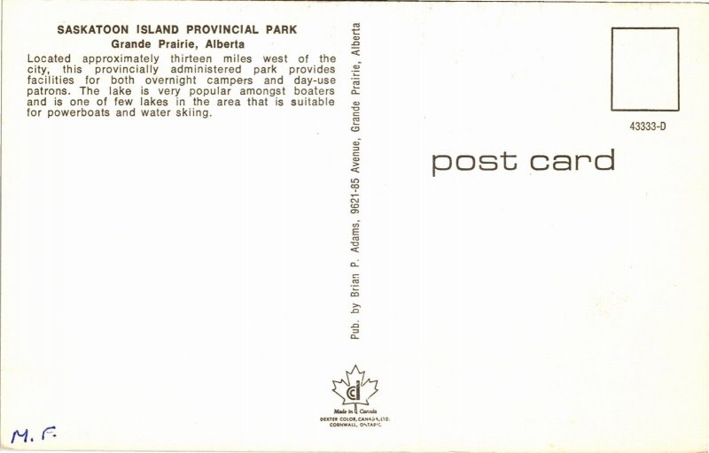 Postcard AB Grande Prairie Saskatoon Island Provincial Park Motor Boat 1960 S105