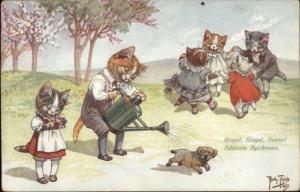 Arthur Thiele Kitty Cat Fantasy Kids Playing Watering the Dog Postcard gfz