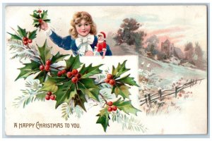 1907 Happy Christmas Girl Doll Toy Holly Berries Embossed Tuck's Posted Postcard 