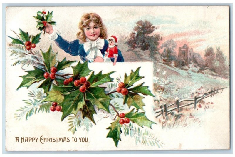 1907 Happy Christmas Girl Doll Toy Holly Berries Embossed Tuck's Posted Postcard 